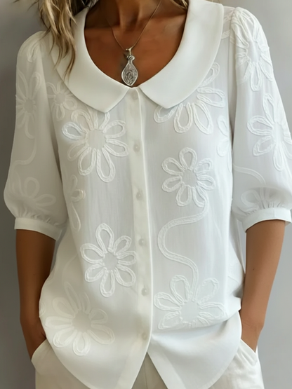 Cotton Loose Fit Embroidered Floral Shirt – Vintage Peter Pan Collar