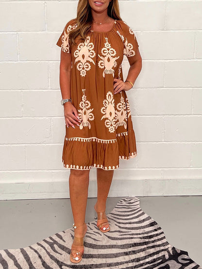 Geometric Pattern Multi Print Square Neck Dress