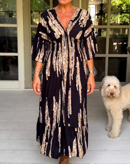 👗Casual Print V-Neck Waist Wrap Long Dress