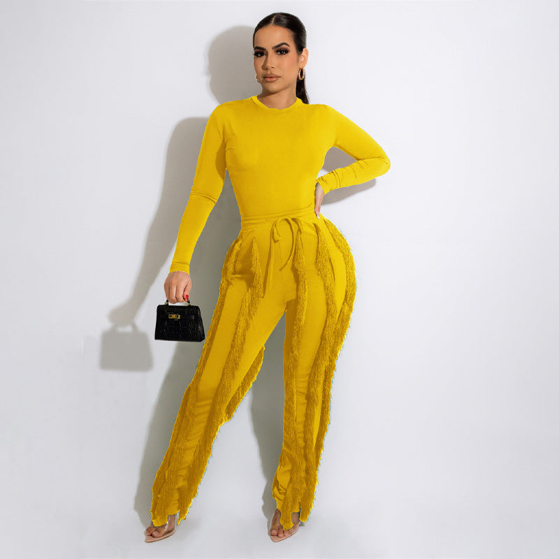 Women 2 Piece Casual Long Sleeve High Waist Tassel Fringe Outfits Jumpsuit Set
