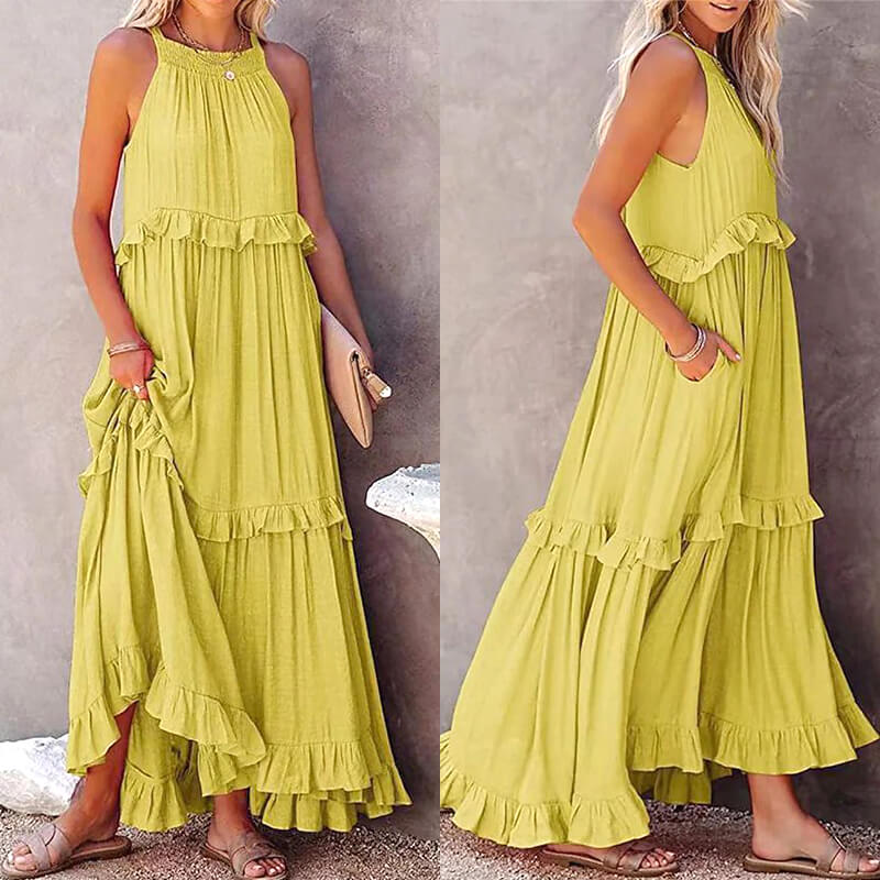 Women's Summer Casual Sleeveless Strappy Backless flounces Dress