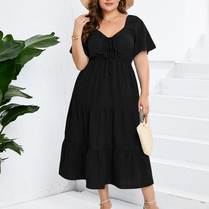 Women's Drawstring Pocket Ruffle Tiered Dress