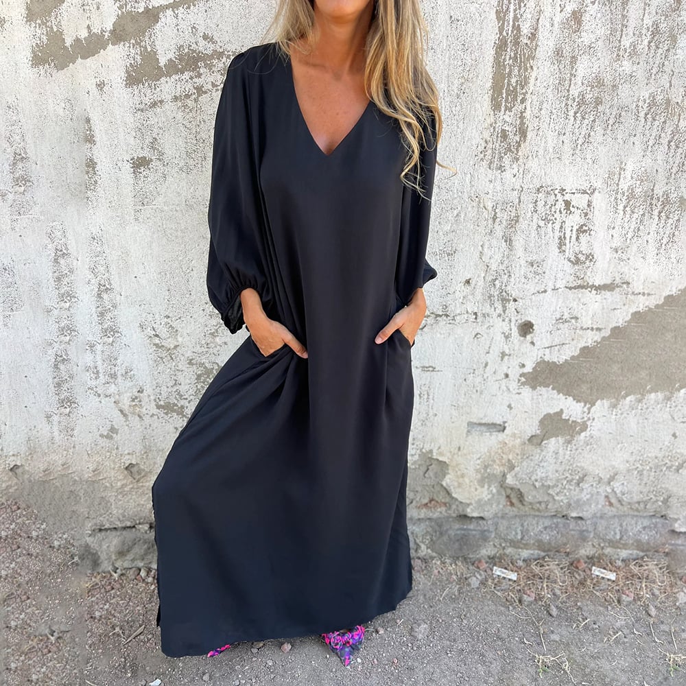 V-neck Solid Color Lantern Sleeve Dress