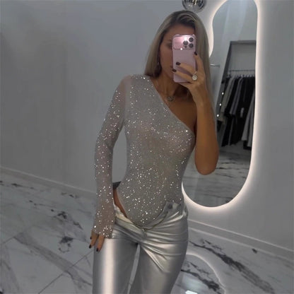 🎉👗Women's One Shoulder Sequin Bodysuit