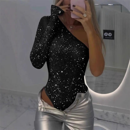 🎉👗Women's One Shoulder Sequin Bodysuit