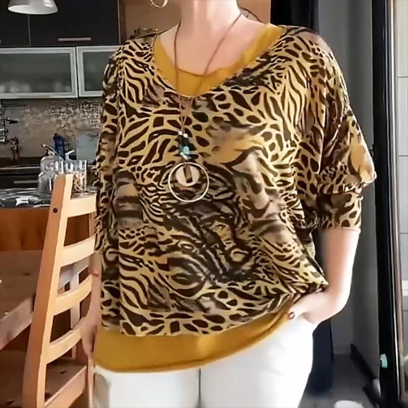 Women's Abstract Leopard Print Batwing Sleeve Top