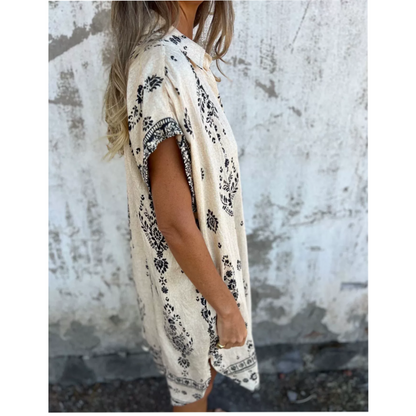Loose-Fit Printed Short Sleeve Dress with Pockets