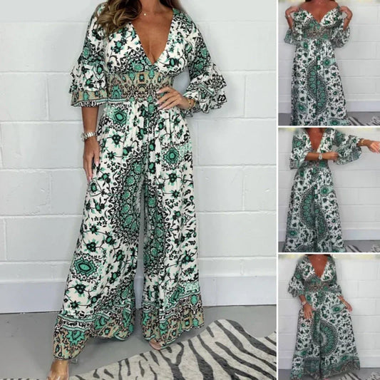 Women's V-Neck Featured Printed Jumpsuit