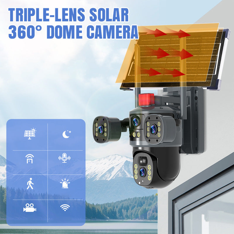 💥2025 New Hot Sale🎥 Triple-Lens Solar 360° Dome Camera