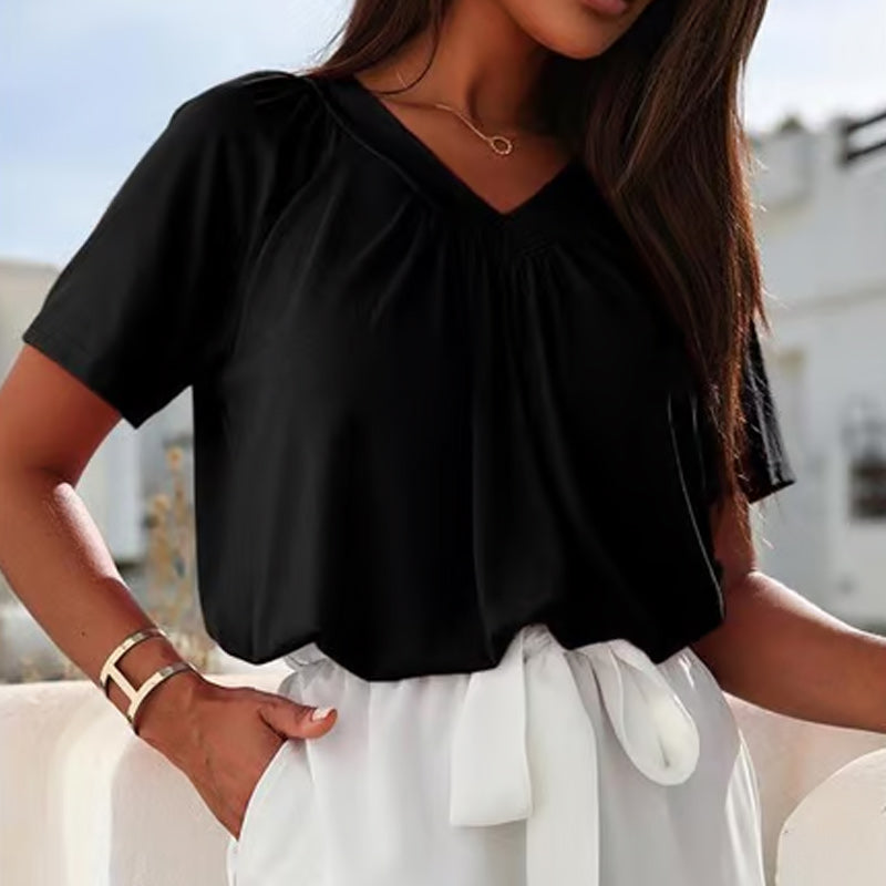 ✨Women's Casual Pleated V-Neck Short-Sleeve Top