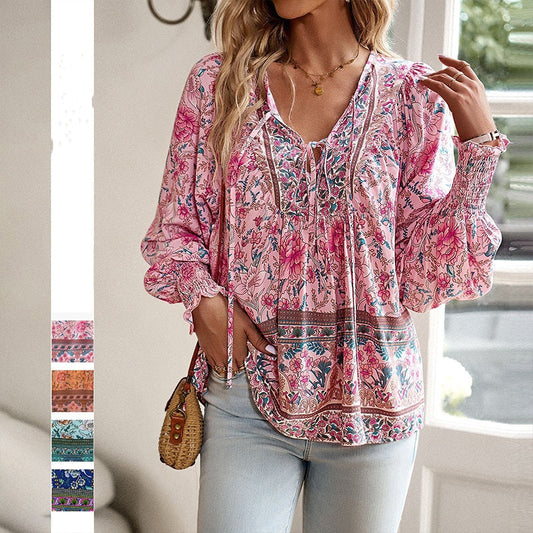 💖Women's Fashion Printed v-Neck Long Sleeve Shirt