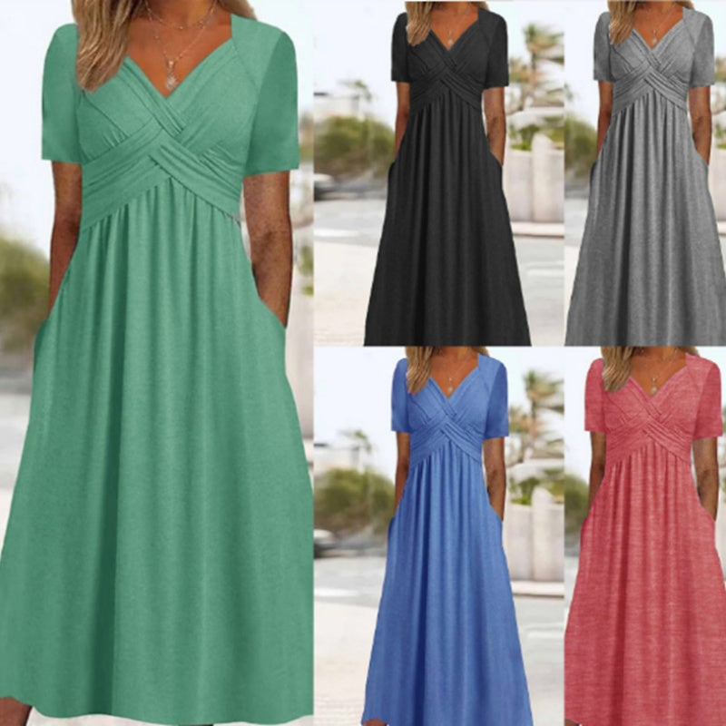 🍀Women’s V-Neck Short Sleeve Long Dresses