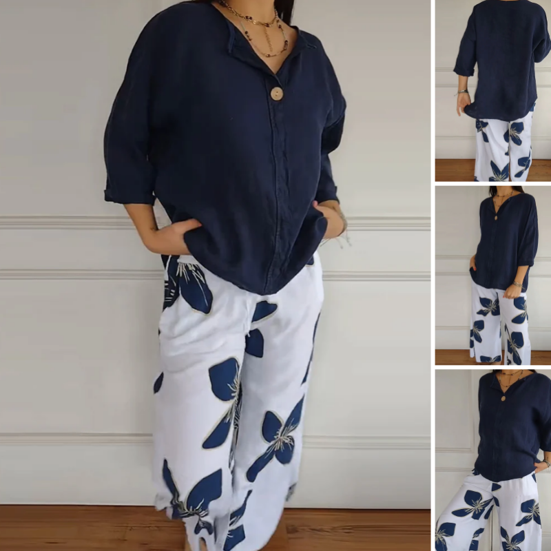 Women's Crew Neck Tops ＆ Printed Trousers Set