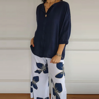 Women's Crew Neck Tops ＆ Printed Trousers Set