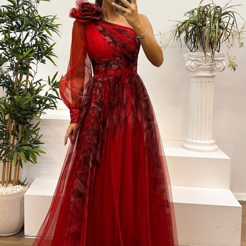 💥Women's Fashion Slant Shoulder Mesh Printed Dresses