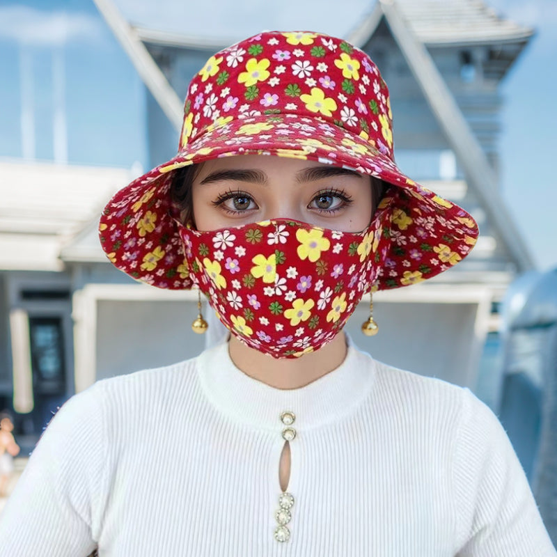 Floral Large Brimmed Sun Hat with Mask