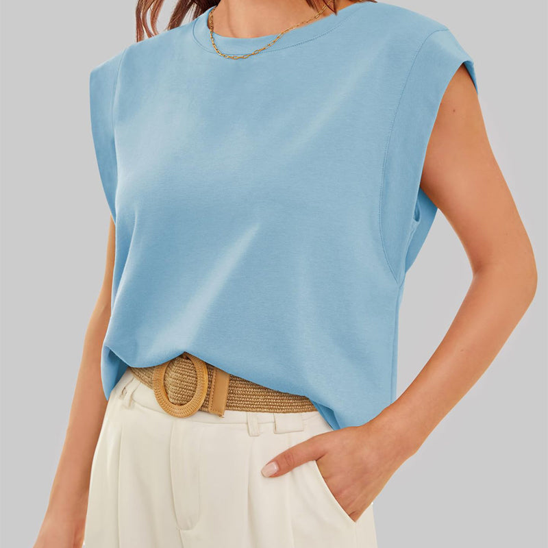💗Solid Color Round Neck Cap Sleeve Top