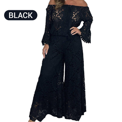 💖Women's 2-Piece Set: Lace Top + Wide-Leg Trousers
