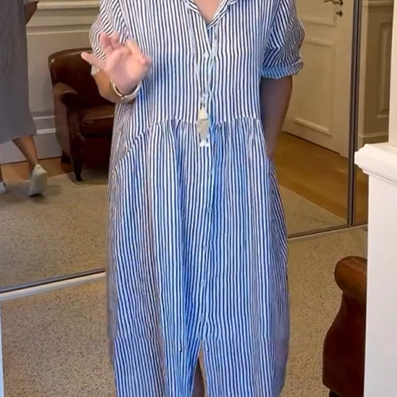 🔥Striped Lapel Button Down Shirt Dress | With Functional Pockets