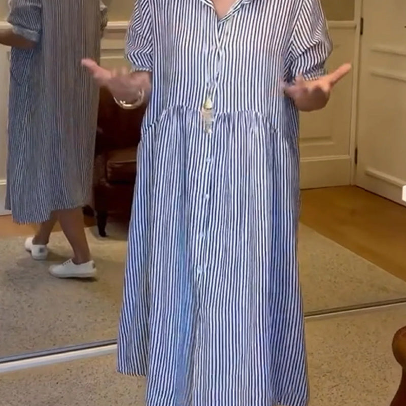 🔥Striped Lapel Button Down Shirt Dress | With Functional Pockets