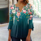 Women's Floral Button V-Neck Pleated 3/4 Sleeve T-Shirt