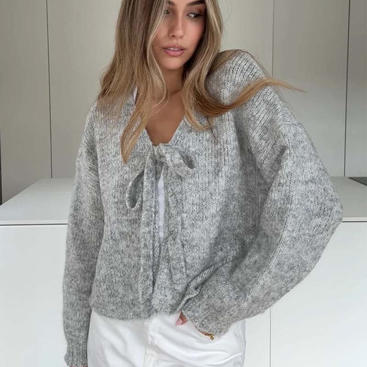 V-Neck Knit Bow Cardigan