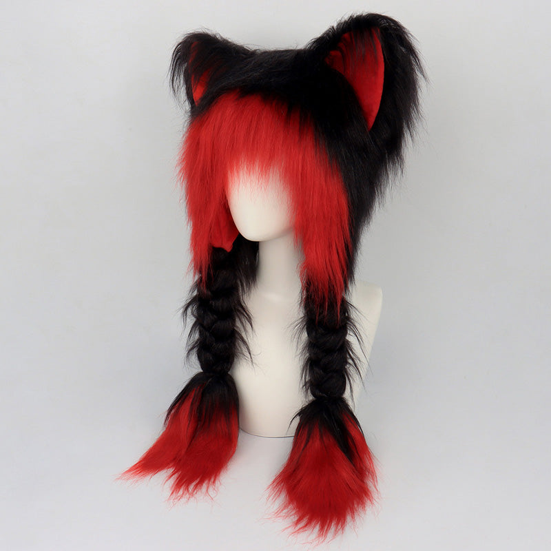 Plush Cat Ear Winter Hat with Braided Pigtails