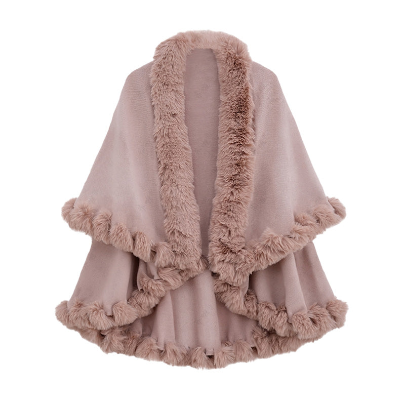 Women's Double-Layer Knit Shawl with Plush Trim