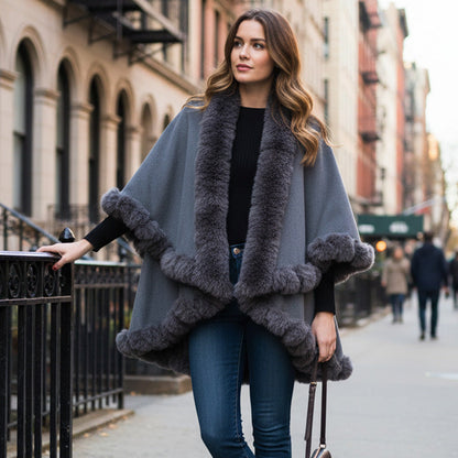 Women's Double-Layer Knit Shawl with Plush Trim