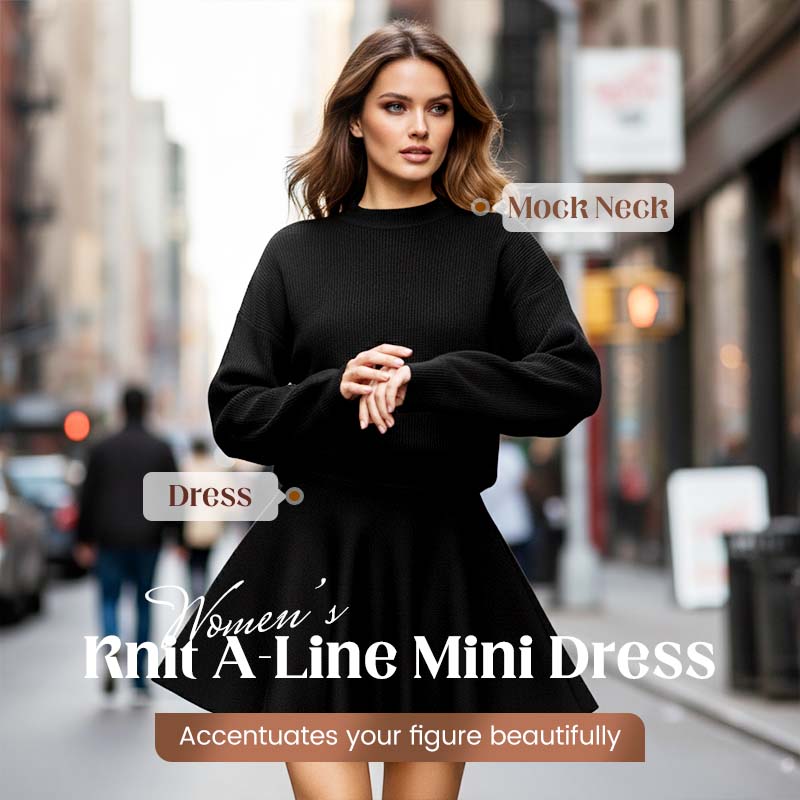 ✨🌸Women's Mock Neck Knit A-Line Mini Dress👗
