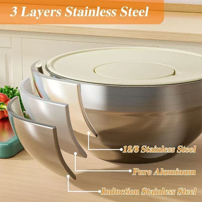 🥣 304 Stainless Steel Mixing Bowl Set with Airtight Lids & Grater Attachments 🔪✨