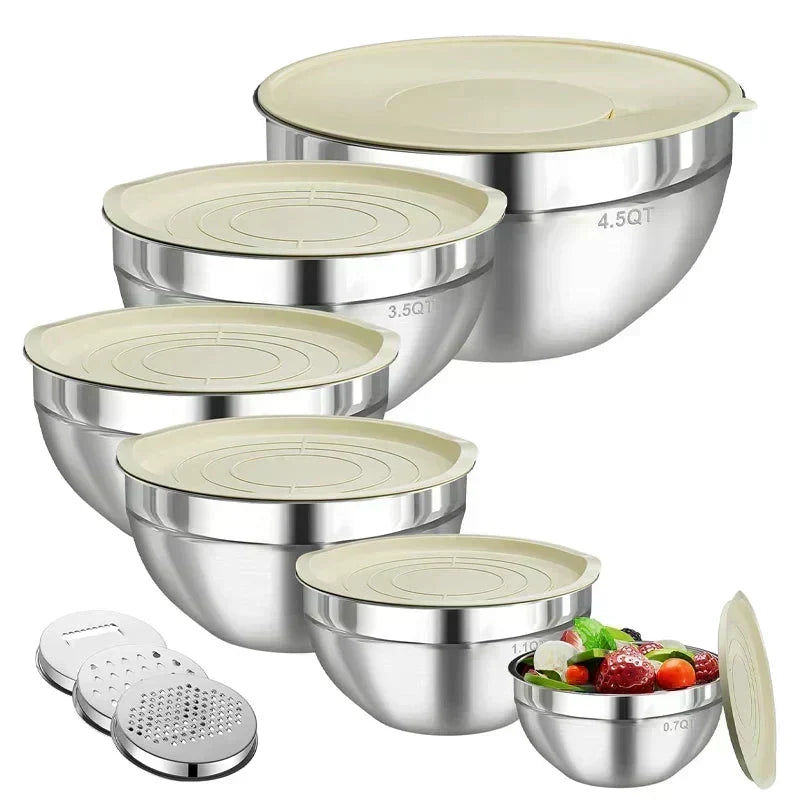 🥣 304 Stainless Steel Mixing Bowl Set with Airtight Lids & Grater Attachments 🔪✨