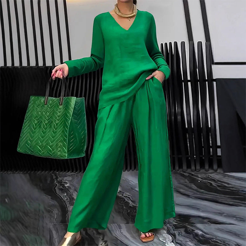 ✨ NEW! Women's V-Neck Lounge Set with Wide-Leg Pants