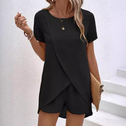 Women's Solid Color Irregular Top & Shorts Two Piece Set