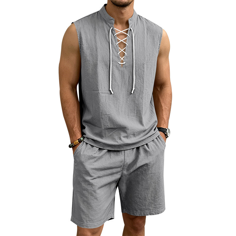 🧵 LIMITED-TIME ✨ Men's Linen Sleeveless Set – Top & Shorts, Lace-Up, 7 Colors ☀️