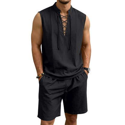 🧵 LIMITED-TIME ✨ Men's Linen Sleeveless Set – Top & Shorts, Lace-Up, 7 Colors ☀️