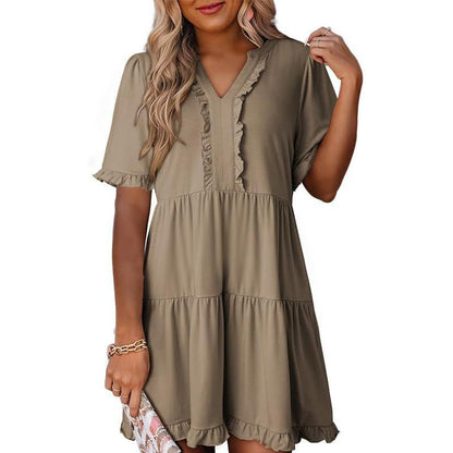 Women's Ruffle Trim V-Neck Tiered Dress