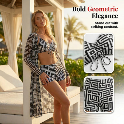 Women's Geometric Print 3-Piece Swimwear Set | High-Waisted Tummy Control Bikini & Sheer Cover-Up | Summer Beach Holiday Outfit