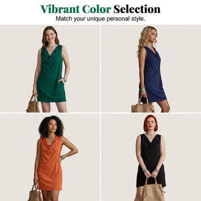 👗 Elegant Slim Fit Cowl Neck Dress – Sleeveless, Side Pockets, Versatile ✨