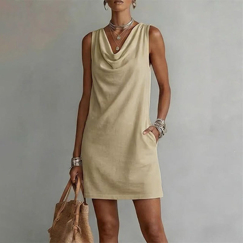 👗 Elegant Slim Fit Cowl Neck Dress – Sleeveless, Side Pockets, Versatile ✨