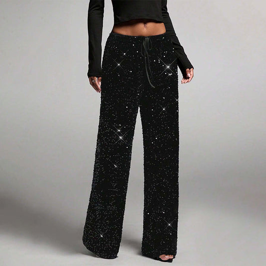 🖤Women's Glitter Fashion Adjustable Drawstring Slimming Elastic Waist Straight-Leg Pants