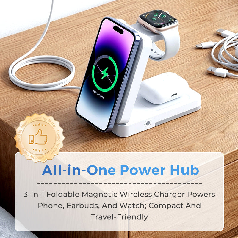 🔋 3-in-1 Foldable Magnetic Charging Stand | Wireless Charging Station for Phone, Watch & Earbuds | Compact & Space-Saving ✨