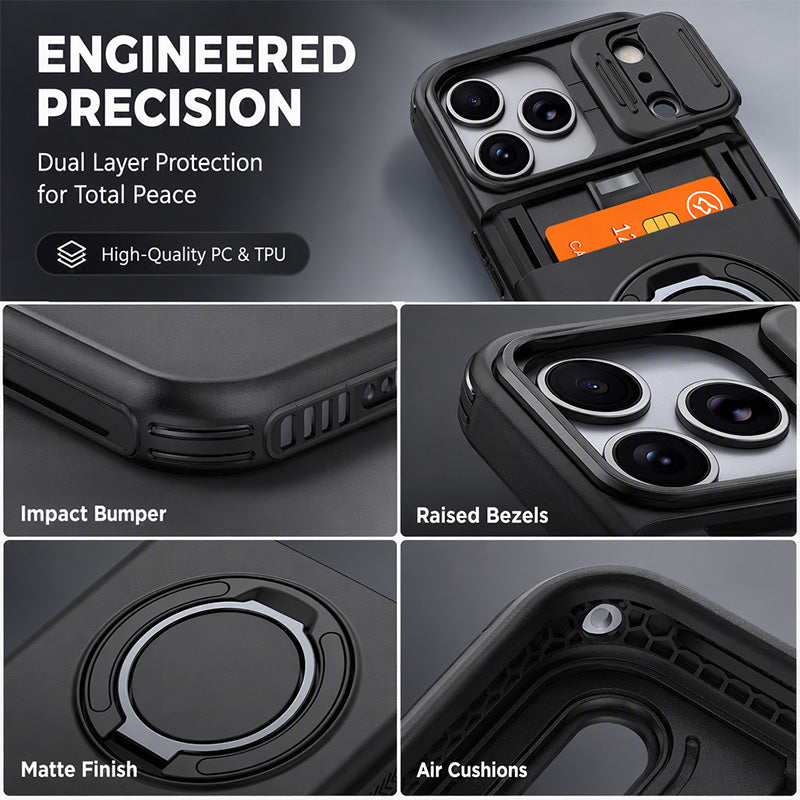 📱 Rugged Phone Case with Card Holder – Camera Slider & Kickstand