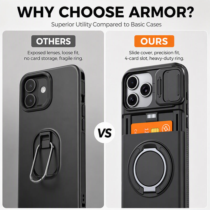 📱 Rugged Phone Case with Card Holder – Camera Slider & Kickstand