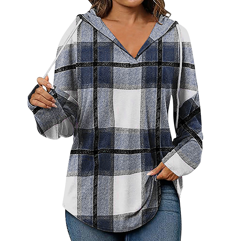 ✨ Easy Everyday Comfort | Women's Plaid Hooded Drawstring V-Neck Shirt🍂
