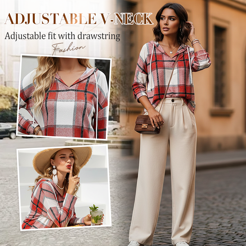 ✨ Easy Everyday Comfort | Women's Plaid Hooded Drawstring V-Neck Shirt🍂