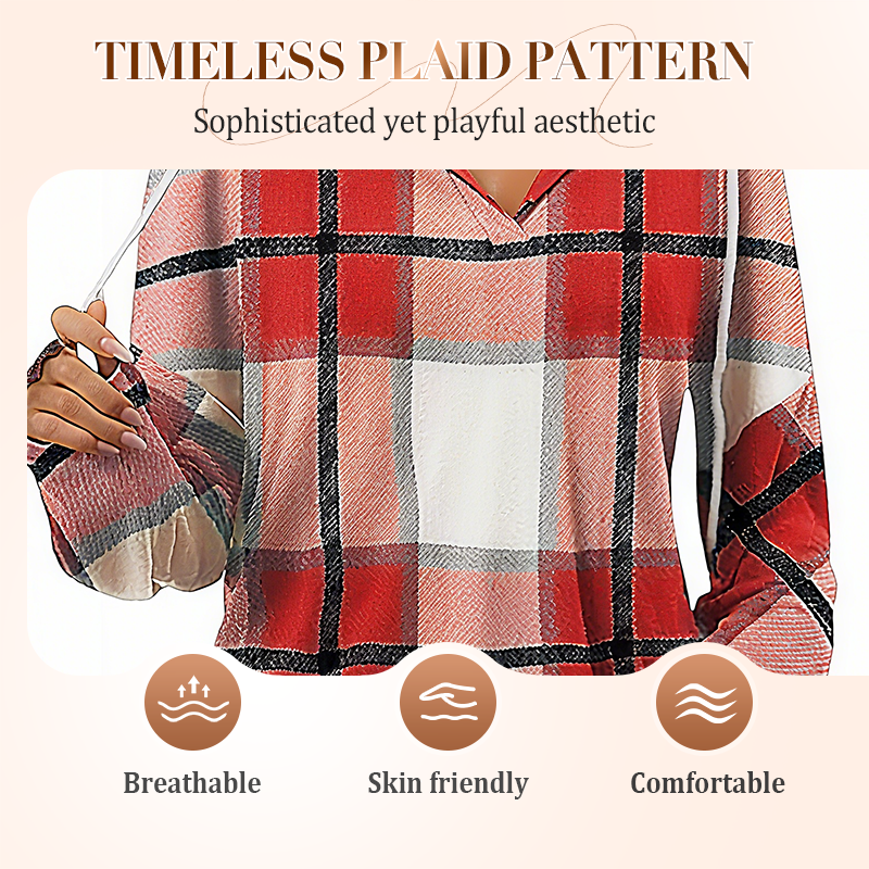 ✨ Easy Everyday Comfort | Women's Plaid Hooded Drawstring V-Neck Shirt🍂