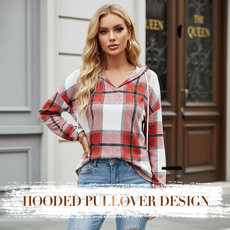 ✨ Easy Everyday Comfort | Women's Plaid Hooded Drawstring V-Neck Shirt🍂