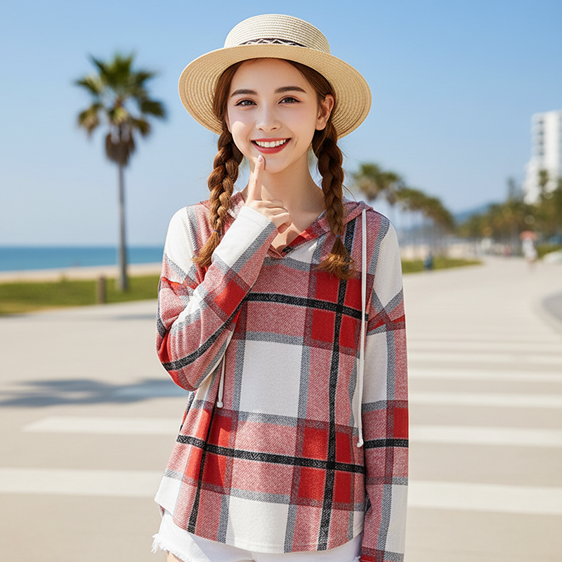 ✨ Easy Everyday Comfort | Women's Plaid Hooded Drawstring V-Neck Shirt🍂