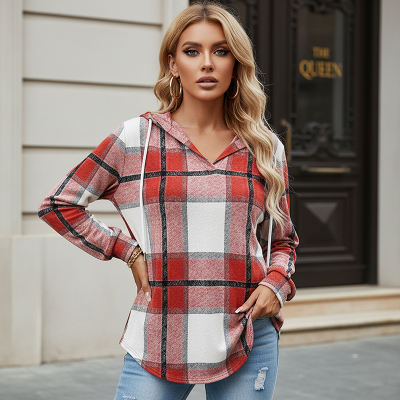 ✨ Easy Everyday Comfort | Women's Plaid Hooded Drawstring V-Neck Shirt🍂